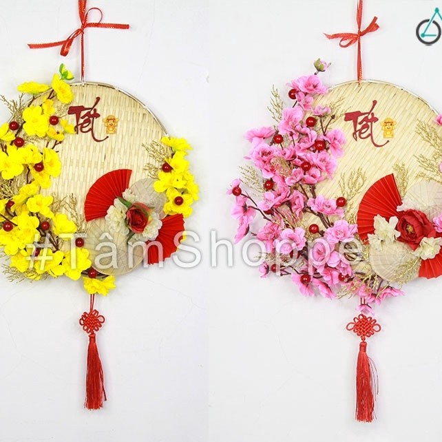 [HIGH QUALITY - ดอกไม้จริง] แหวนแขวนประตู Tet แอปริคอทพีชพร้อมหมวกทรงกรวย 2 ตัว และพัดลมสีแดง 2 ตัว 
