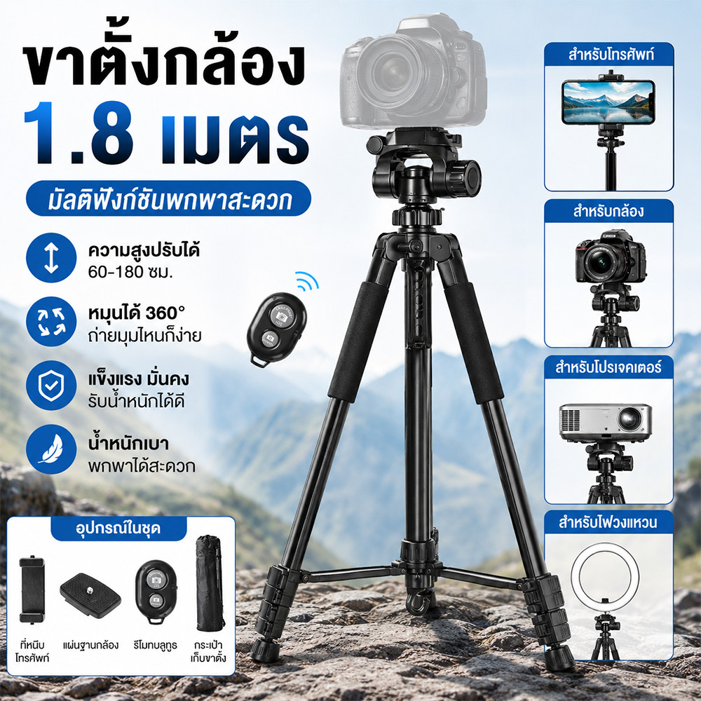 ขาตั้งกล้องและมือถือ 1.7 เมตร พร้อมรีโมท ปรับความสูงได้ ใช้งานอเนกประสงค์ สำหรับถ่ายภาพ ไลฟ์สด วิดีโอ และไฟตกปลา