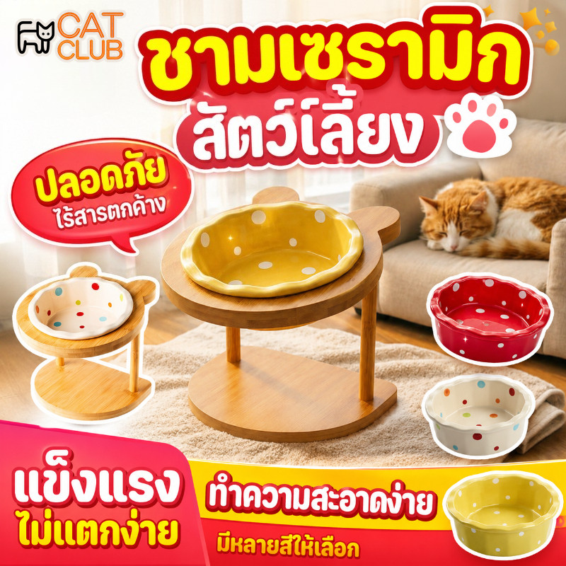 ชามอาหารสัตว์เลี้ยงเซรามิก แบบเอียง ฐานไม้เนื้อแข็ง ชามแมวและสุนัข ยกสูง ลดก้มกิน ถนอมคอ ทำความสะอาดง่าย COD