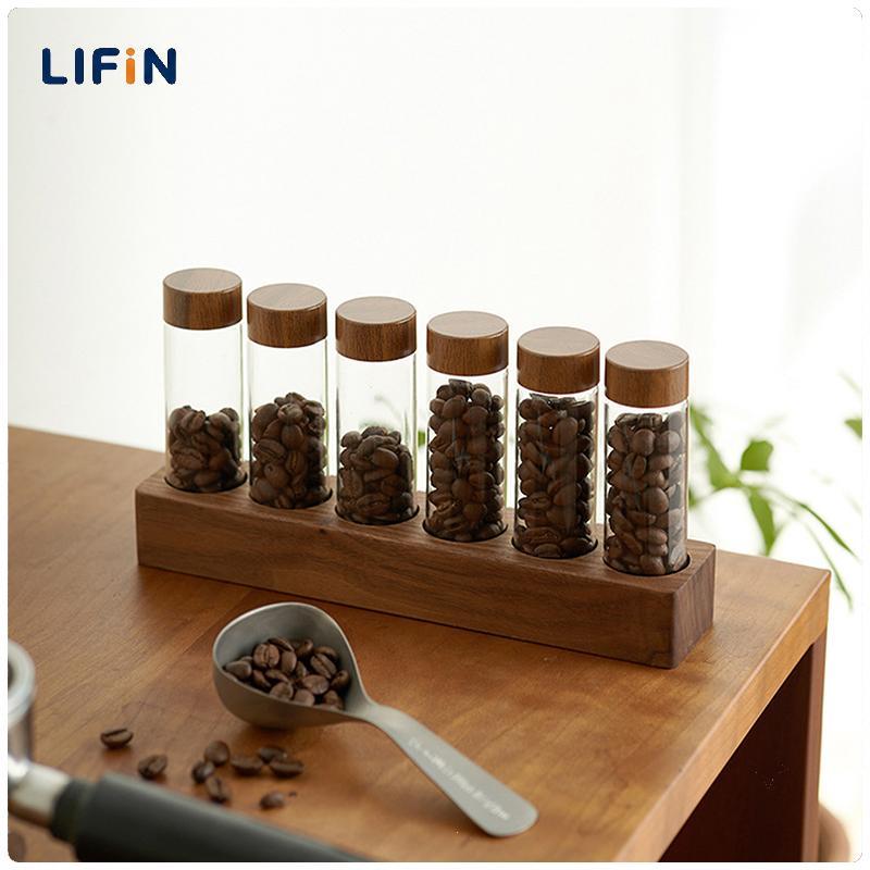 Lifin Mart ภาชนะเก็บเมล็ดกาแฟหลอดแก้วพร้อมเครื่องมือไม้หลอดบรรจุขวดถังไม้ปิดผนึกเครื่องมือสำหรับบาริสต้าของขวัญ