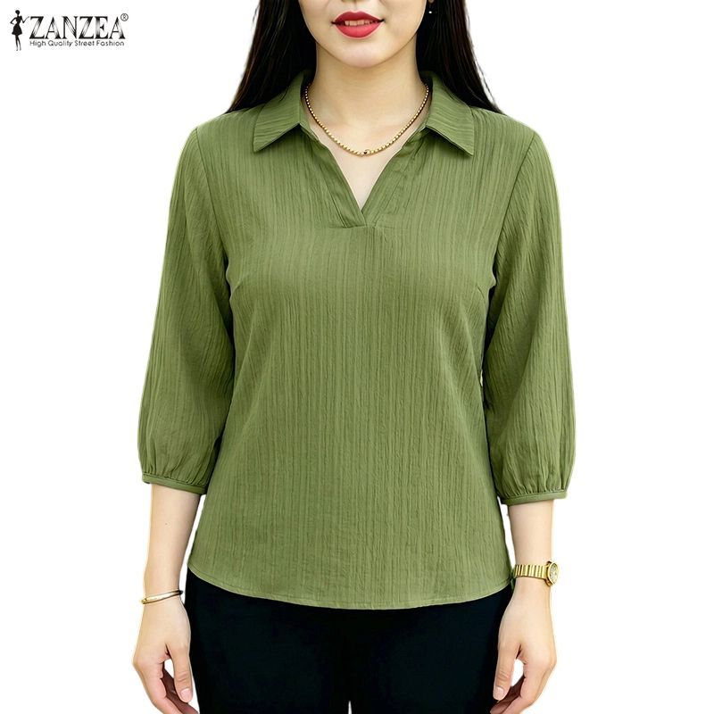 ZANZEA ผู้หญิงเกาหลี Minimalist Officewear Turn-Down-Collar 3/4 แขนโคมไฟเนื้อสีทึบเสื้อ