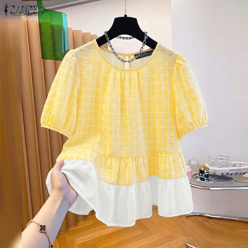 ZANZEA ผู้หญิงเกาหลีฝรั่งเศสย้อนยุครอบคอพัฟแขนลายสก๊อต Patchwork สีบล็อก Ruffles Hem เสื้อเบลาส์ — صورة 5