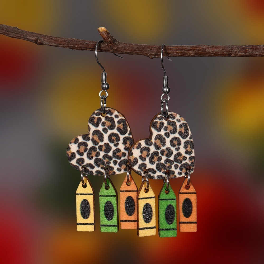 2PCS Statement เรขาคณิตที่มีสีสันรูปแบบ Drop ต่างหูแฟชั่น Double Siade ไม้เสือดาวหัวใจ Dangle ต่างหูเครื่องประดับ