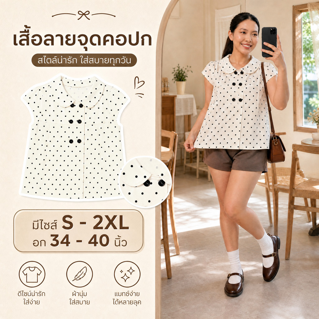 เสื้อคอปกบัว ลายจุด Polka Dot S-2XL มีดีเทลกระดุมคู่ สไตล์เกาหลี ใส่แล้วพรางหุ่นให้ดูมีเอว