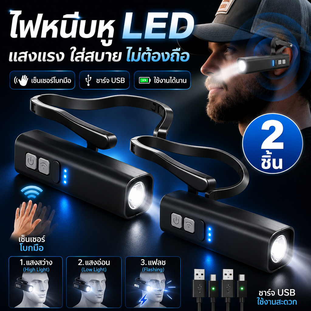 ไฟฉายคาดหัวกรีดยาง ไฟฉายคาดศีรษะ LED คล้องหู 3 โหมดแสง ชาร์จ USB เบาสวมสบาย เครื่องมือช่าง