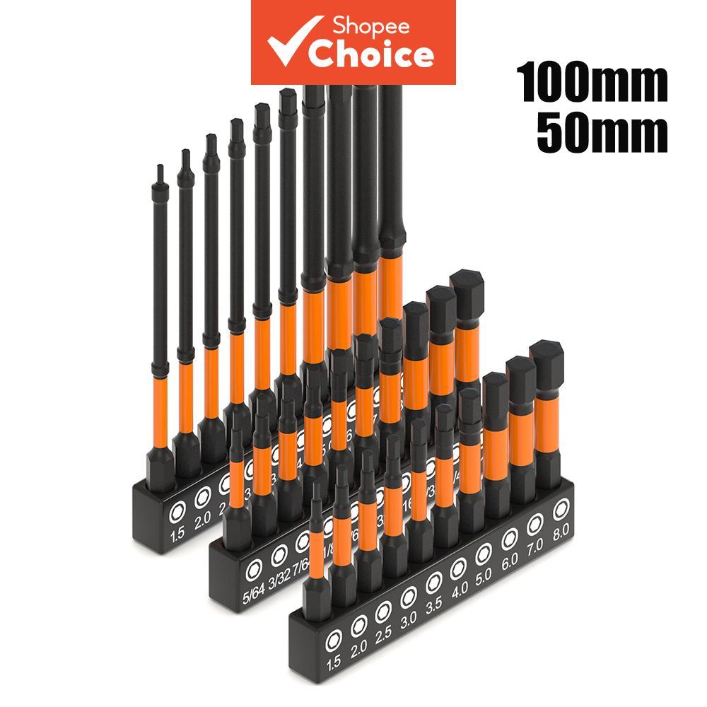 One Of 10 PC Impact-Ready Hex-Shank Allen Bits, 50-100 มม.H1.5-H8, S2 ไขควงแม่เหล็กเหล็กชุด
