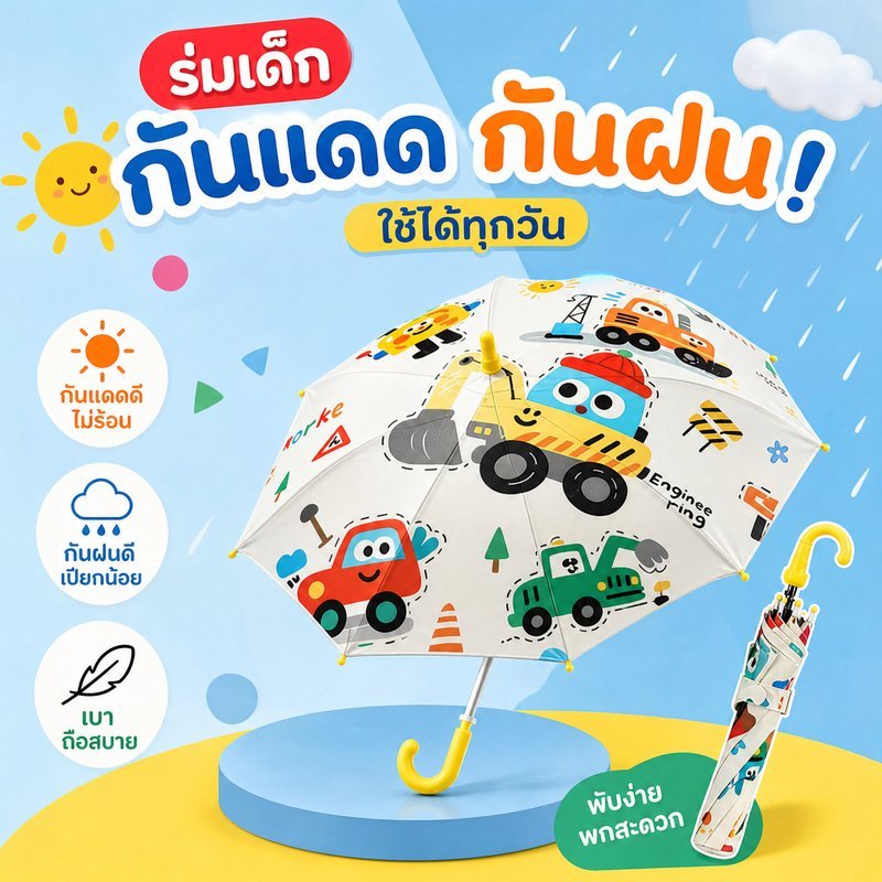 ร่มเด็ก ร่มกันแดด ร่มกันฝน กันยูวี ลายการ์ตูน น้ำหนักเบา ทนลม ด้ามไอศกรีม พร้อมนกหวีด