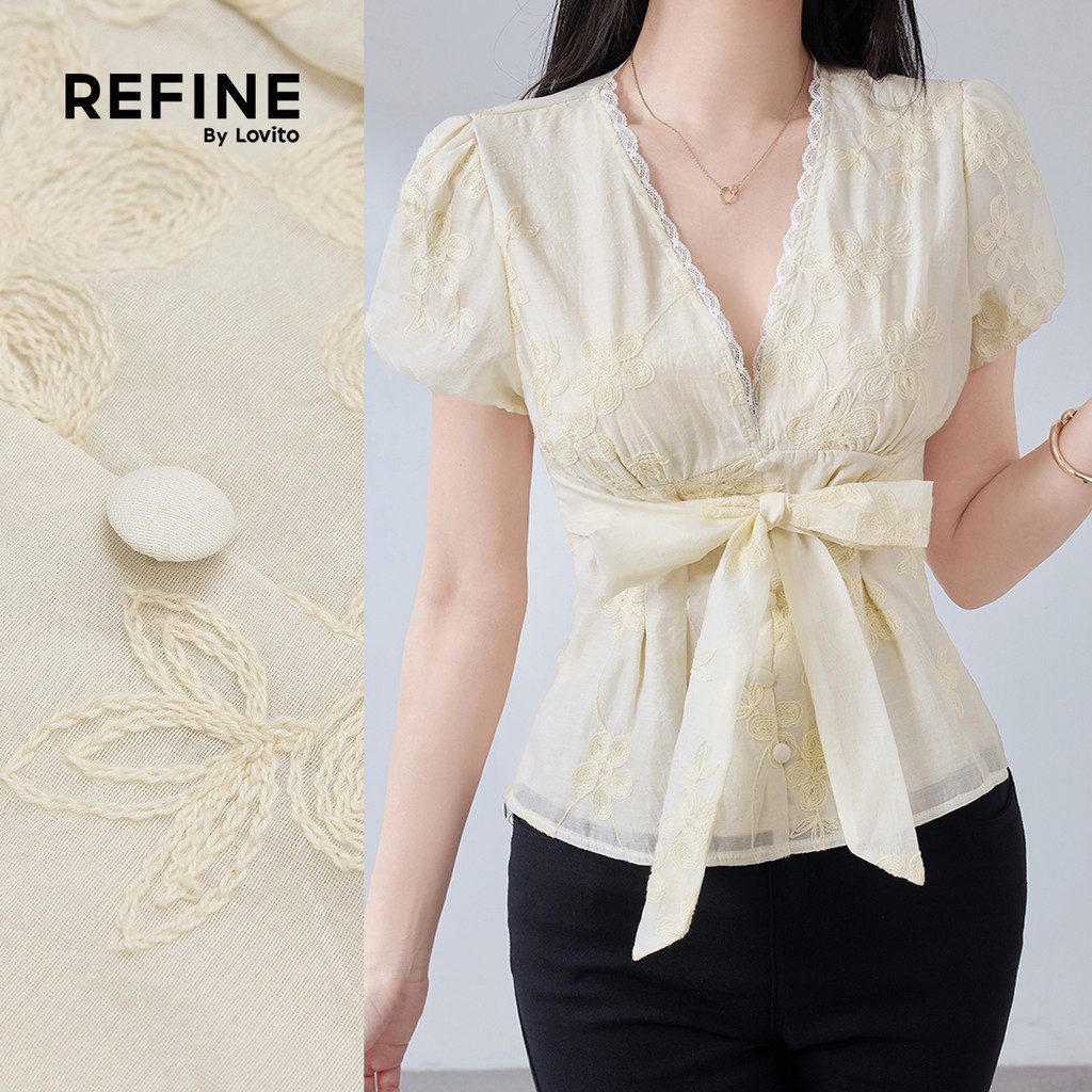 (Refine by Lovito) เสื้อเชิ้ตผู้หญิงลําลอง แขนสั้น ลายดอกแอปริคอต สําหรับฤดูใบไม้ผลิ/ฤดูร้อน LR35E142