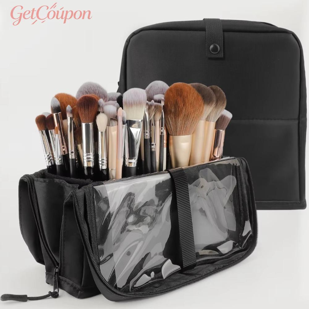 GETCOUPON กระเป๋าเก็บของมัลติฟังก์ชั่น, กระเป๋าใส่แปรงแต่งหน้าแบบล็อคแม่เหล็กสีดํา, กระเป๋าใส่อุปกรณ์อาบน้ําดีไซน์เดี่ยวความจุขนาดใหญ่