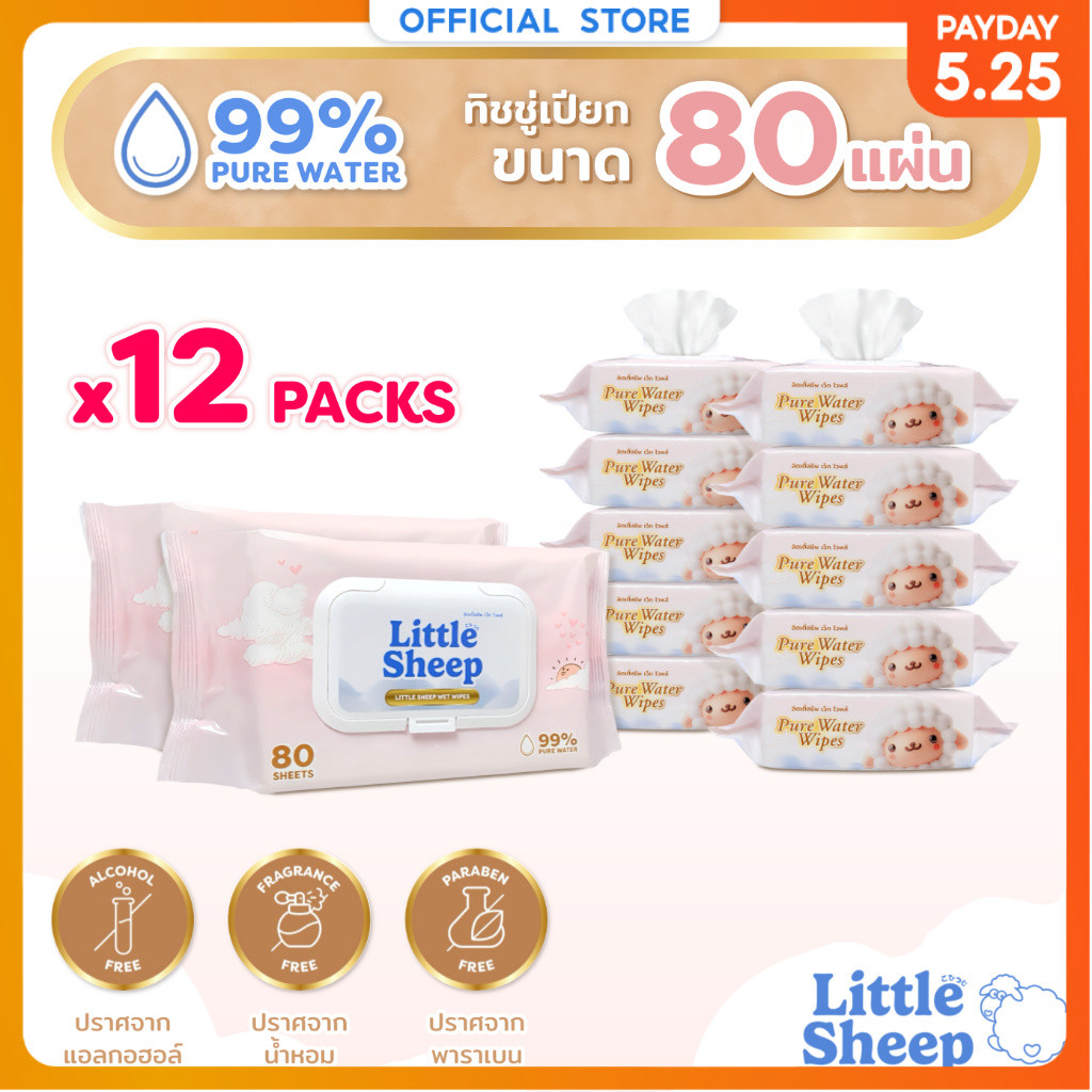 【80 แผ่น x 12 แพ็ก】 Little Sheep ทิชชู่เปียก สูตรน้ำบริสุทธิ์ 99% สำหรับเด็กทารก [ส่งฟรี]