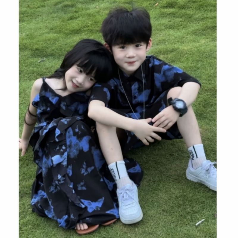 TW Brother Sisters ชุดฝรั่งเศสฤดูร้อนเด็ก High-End กระโปรงดอกไม้ 2025 สไตล์ใหม่เสื้อเด็กแขนสั้นชุดเก