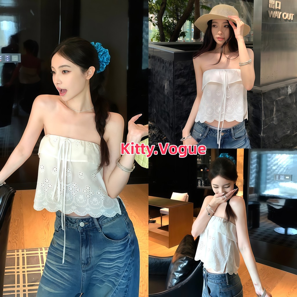 Kitty.Vogue ผู้หญิง แนบเนื้อ เสื้อเกาะอก ผูกหน้าด้วยสายเดียว สีพื้น เรียบง่าย สไตล์เกาหลี FY5166#1-0