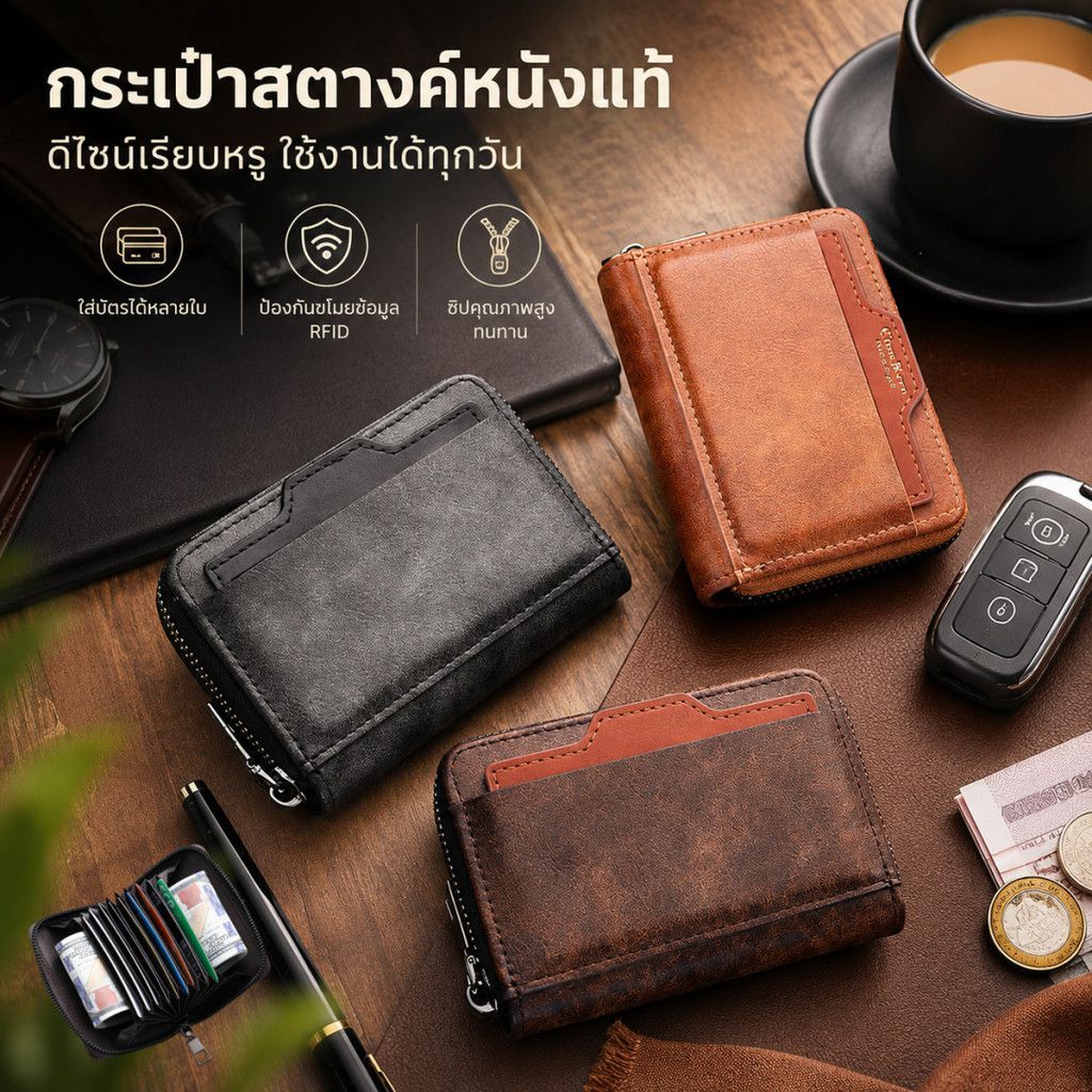 กระเป๋าสตางค์หนังผู้ชายซิป ดีไซน์เรโทร หลายช่อง พกพาสะดวก 【LuckServeX】