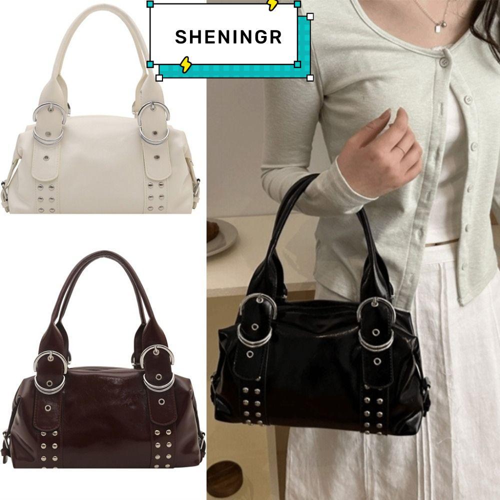SHENING5R กระเป๋าสะพายไหล่ผู้หญิง,ขนาดใหญ่ความจุ PU หนังแฟชั่น Rivet กระเป๋าถือสไตล์วินเทจคุณภาพสูง Y2K กระเป๋ารถจักรยานยนต์ใช้ทุกวัน