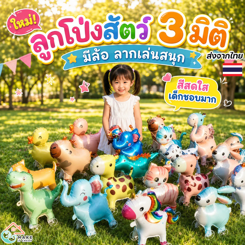 ลูกโป่งอลูมิเนียมฟอยล์รูปสัตว์ เป่าลมได้ มีล้อเลื่อน เดินตรงได้ ของเล่นเด็ก งานปาร์ตี้ วันเกิด และกิจกรรม