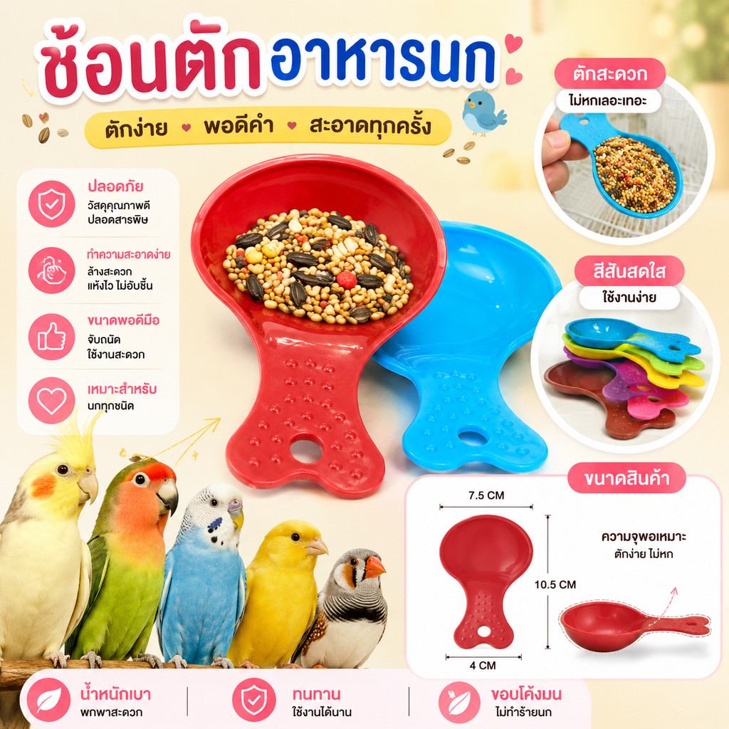 parrot.thailand ช้อนตักอาหารนก ช้อนตักอาหารสัตว์เลี้ยงขนาดเล็ก ทรงโค้งมน ด้ามจับถนัดมือ ไม่หกเลอะเทอะ