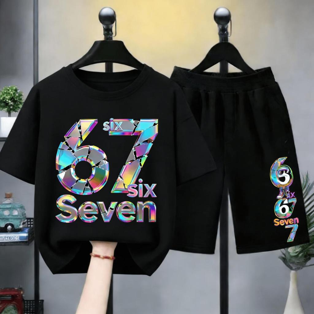 ชุดเด็ก 2 ชิ้น ลายตัวเลข 67 โฮโลแกรมแตกหัก | เสื้อยืด + กางเกงขาสั้น | ผ้าฝ้ายนุ่มสบาย | สไตล์เท่ห์ | ชุดเด็กฮิตใน #ชุดเ