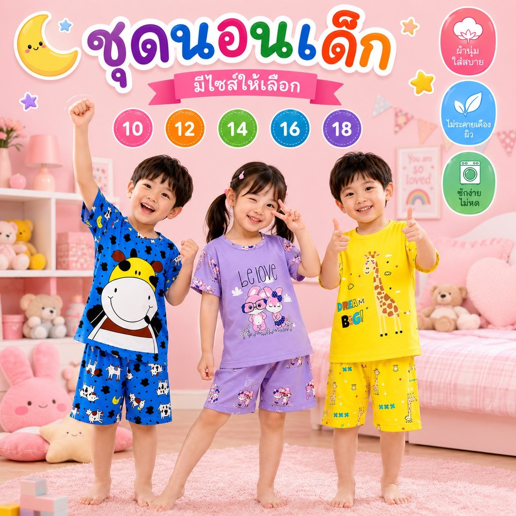 🔹พร้อมส่ง🔹ชุดนอนเด็ก เเขนสั้น-ขาสั้น เลือกลายได้ มีไซส์ให้เลือก พร้อมส่ง #ZN14