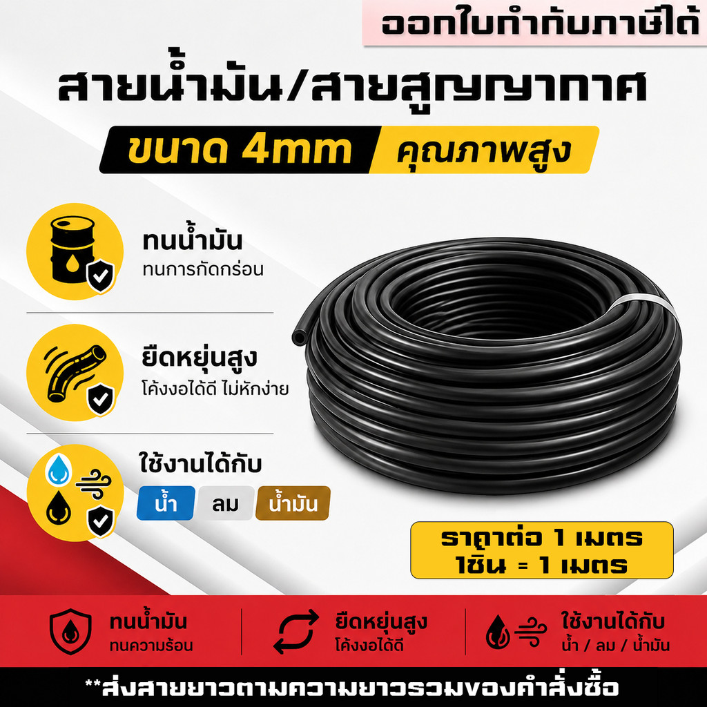 (B28)สายน้ำมัน สีดำด้าน 4mm(4x7mm) สายสุญญากาศ สายลม สายฉีดน้ำกระจก สายแวคคล้ำ แบ่งขายเป็นเมตร