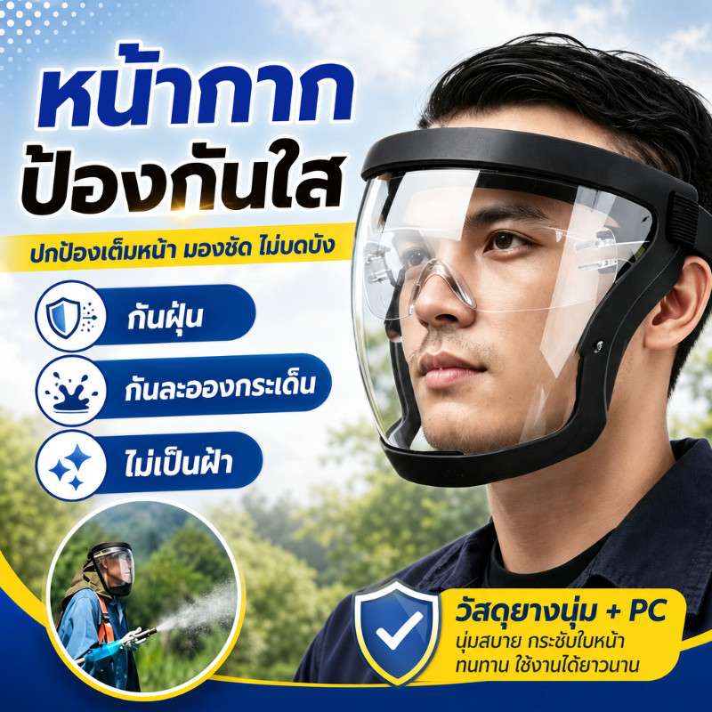 หน้ากากนิรภัยใส กันสารเคมี ฝุ่น กระเด็น หมอก งานช่าง พ่นสี