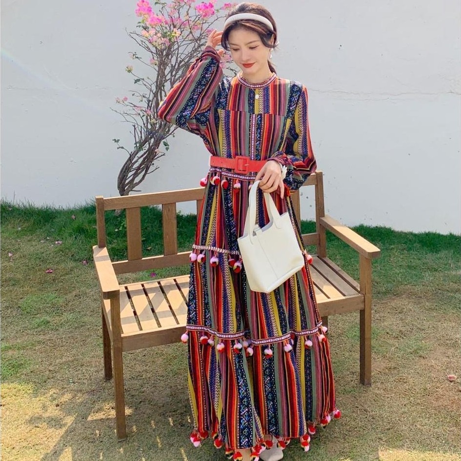 YR 3M DRESS 8810 TM THREE M POMPOM MAXI DRESS STRIPE พรีเมี่ยมแฟชั่นสวย