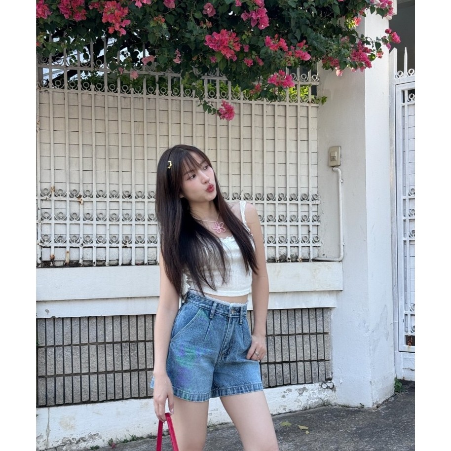 ยีนส์SARAN P20 กางเกงยีนส์ขาสั้นขอบลูกไม้