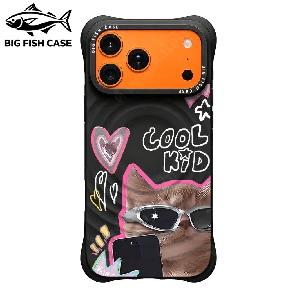 เคสไอโฟน ซิลิโคนสีดำ กันกระแทก ลายแมวเท่สวมแว่นกันแดดแม่เหล็ก มุมหนา สำหรับ iPhone 17 16 15 14 13 12 11 Pro Max Plus