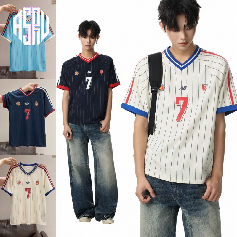 ASRV เสื้อยืดผู้ชายแขนสั้นอเมริกันอินเทรนด์ลายคอวีคุณภาพสูง ไม่จํากัดเพศ เสื้อเจอร์ซีย์