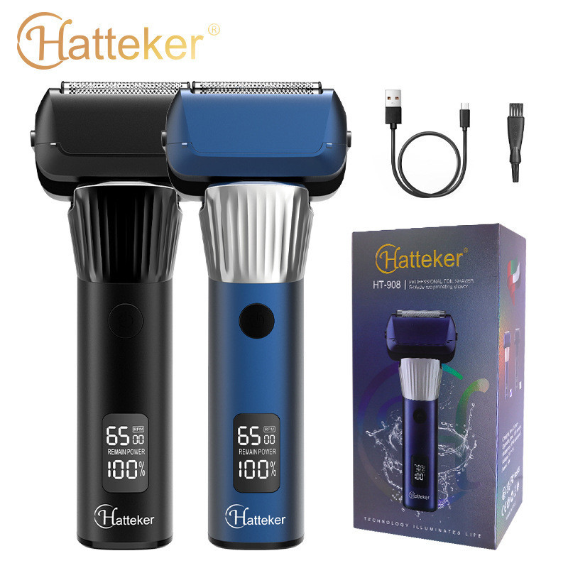 HATTEKER HT-908 เครื่องโกนหนวด 5 ใบมีด 5D หัวลอย 2 สปีด Type-C ชาร์จเร็ว 140Mins IPX6 จอแสดงผล LED ล