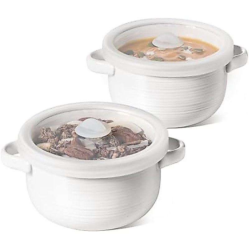 LE TAUCI French Onion Soup ls, 28 oz Ceramic Soup Crocks พร้อมที่จับ &   ฝาซิลิโคน เตาอบ &   ภาชนะไม