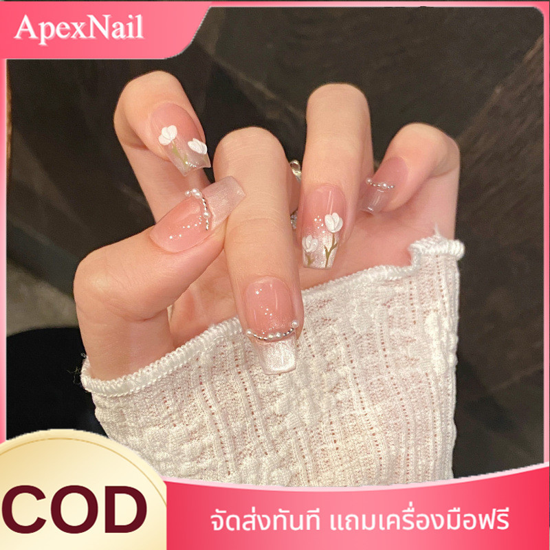 เล็บปลอมฤดูใบไม้ผลิและฤดูร้อนทิวลิป เรียบง่ายแต่เซ็กซี่ด้วยลูกปัดสีชมพูและตาแมว