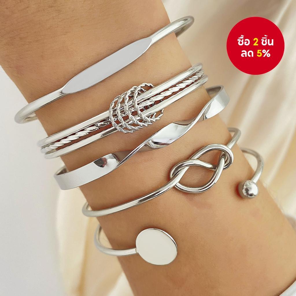 ทอง 5 ชิ้นชุดกําไลข้อมือโลหะหรูหราทองและเงินหัวใจปมเปิดออกแบบสร้อยข้อมือหรูหรา