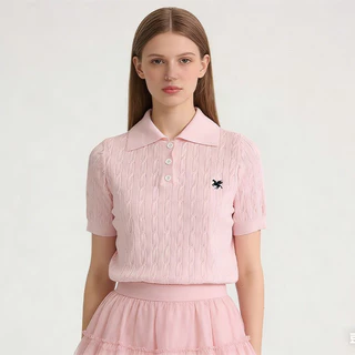 T8003 POLO เสื้อโปโลถักนิตติ้งแขนสั้นลายเชือกกลม สำหรับผู้หญิง นุ่มสบาย