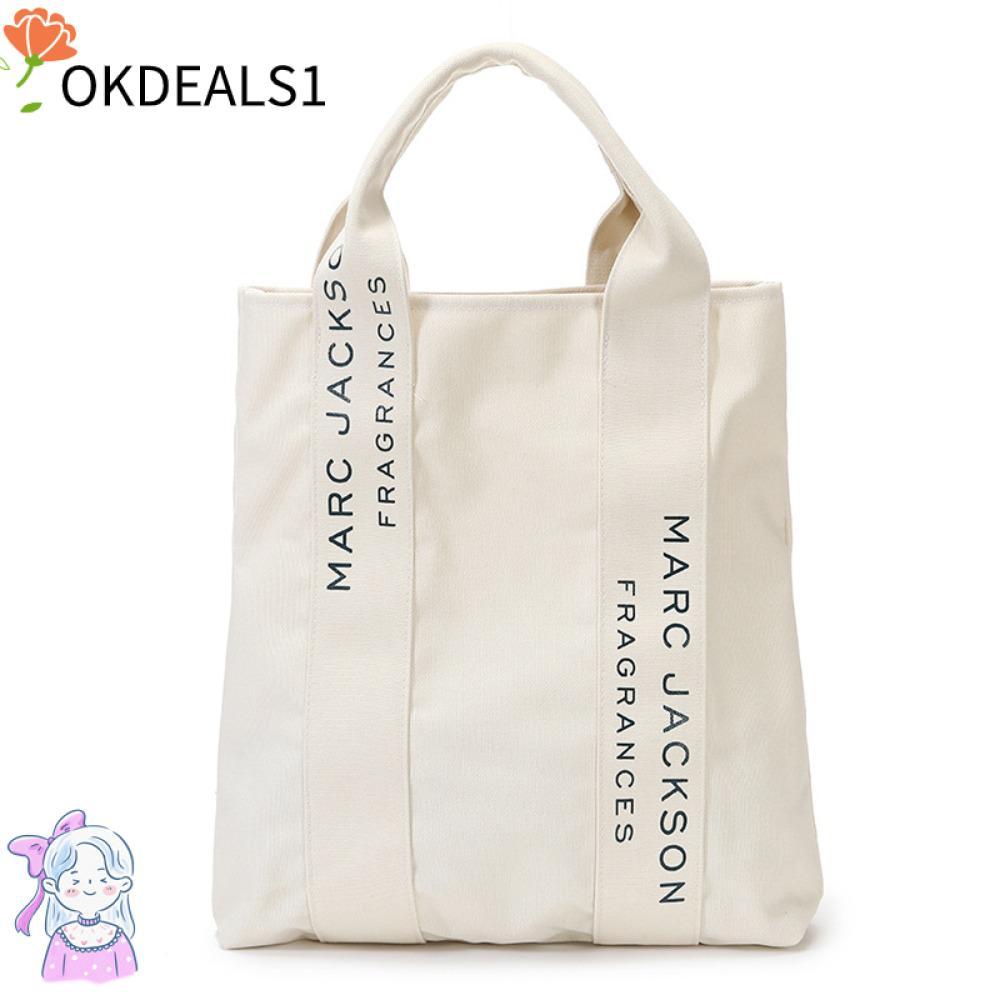 DEALSHOP กระเป๋าผ้าแคนวาส, กระเป๋าผ้าแคนวาสแฟชั่นตัวอักษรขนาดใหญ่, กระเป๋าผ้าสะพายไหล่สีขาวแบบใช้ซ้ําได้ผู้หญิง
