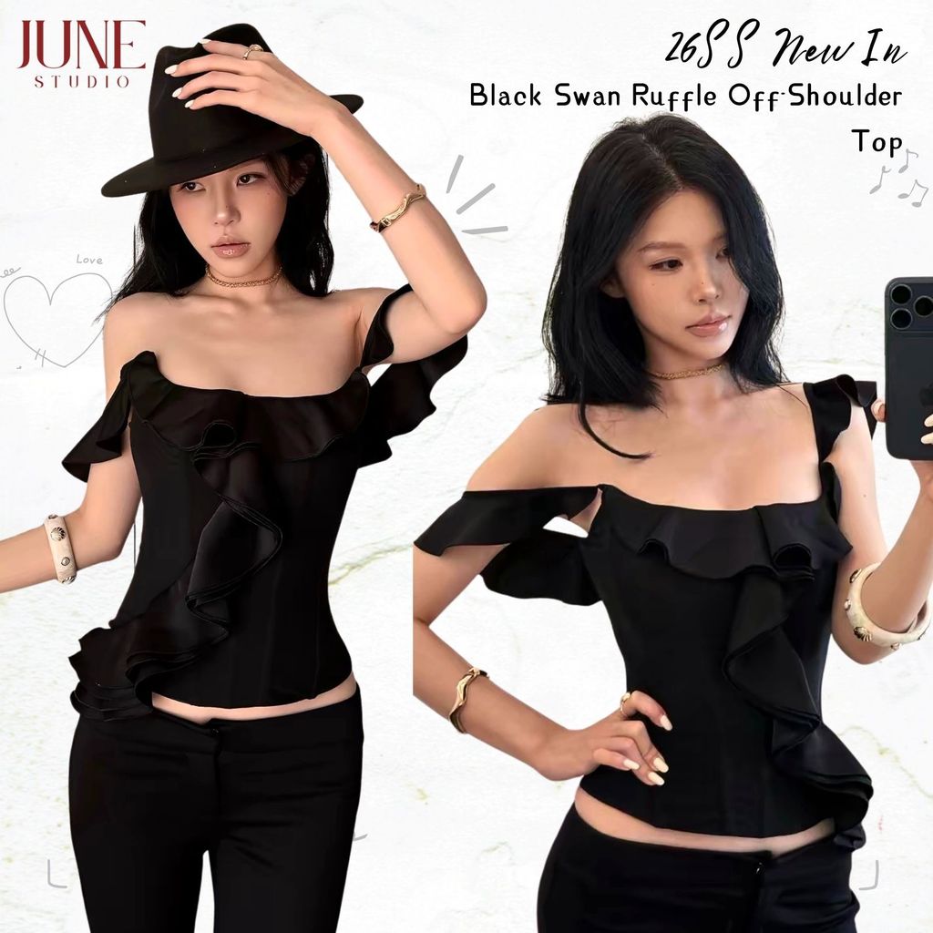 สีดําริบบิ้นหลอดด้านบนผู้หญิงฤดูร้อนสั้นยกทรงแคบ-เอวที่ไม่มีสายหนังก้างปลาด้านบน【June Studio】