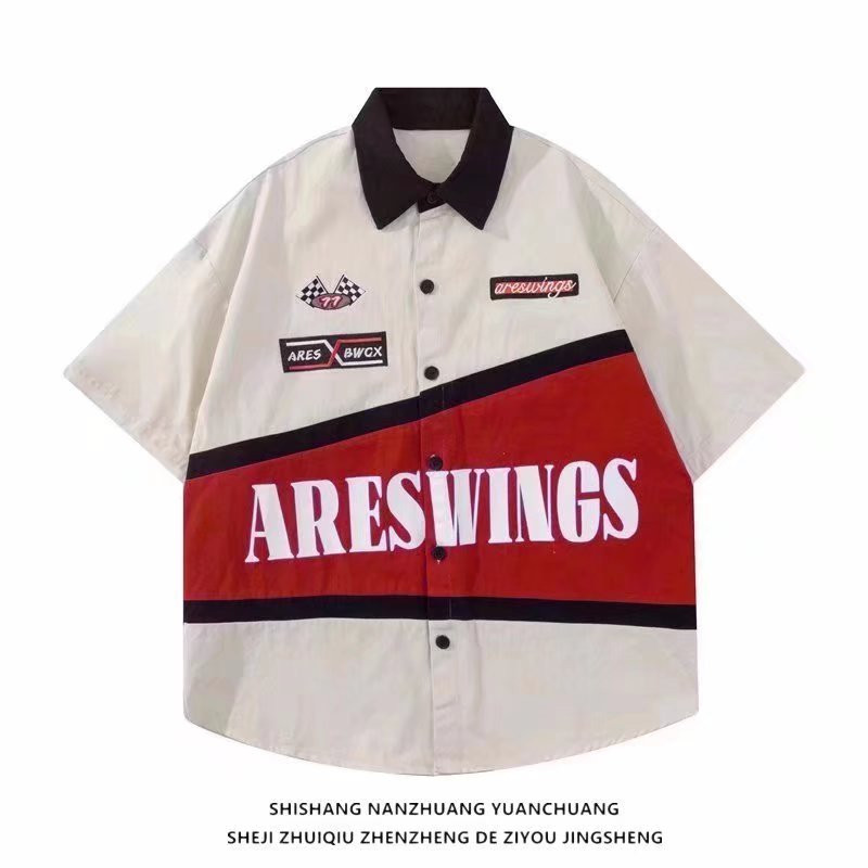 EERSHENSHI เสื้อเชิ้ตแขนสั้นทรงหลวมสไตล์อเมริกัน Retro Racing
