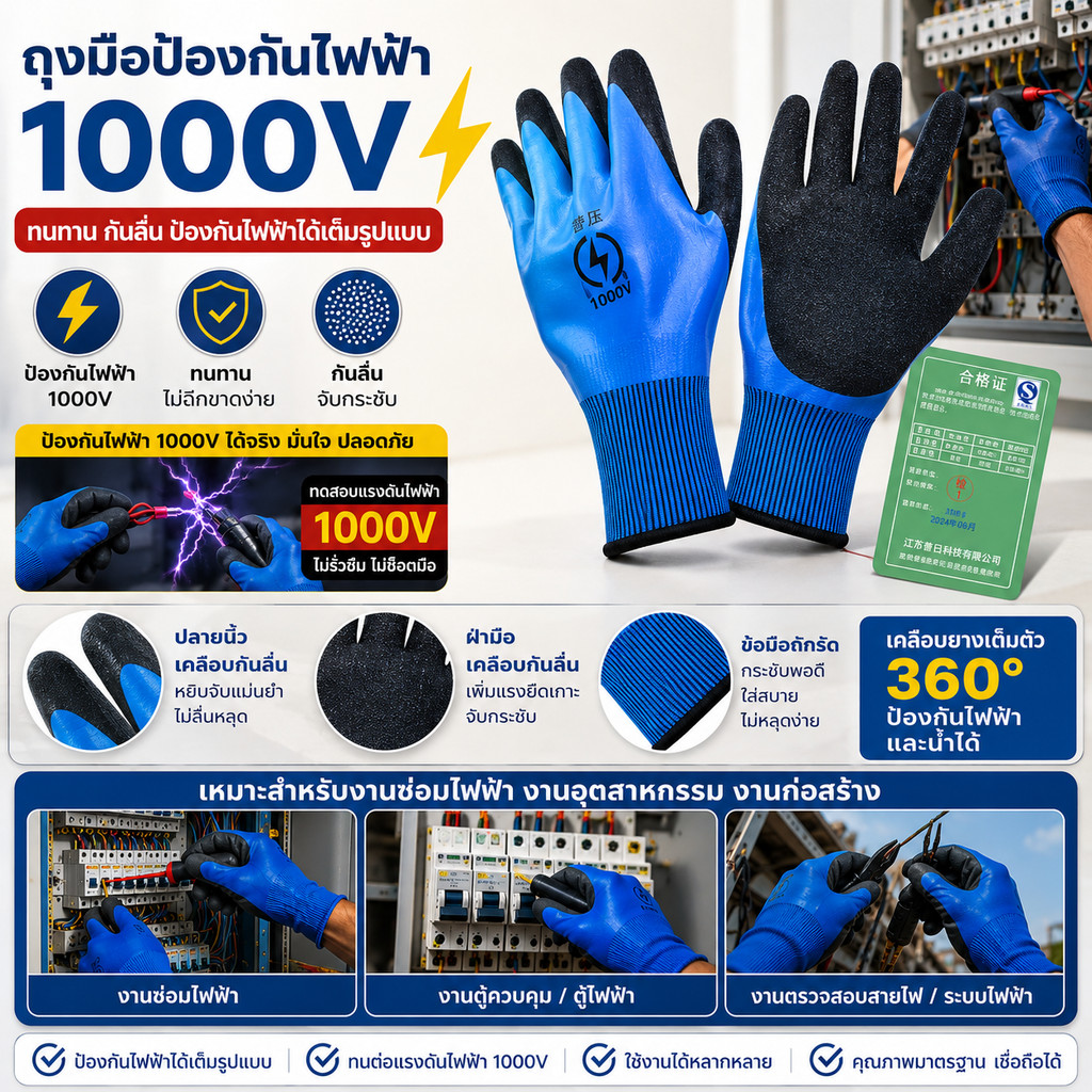ถุงมือป้องกันไฟฟ้า 1000V ถุงมือไฟฟ้าอุตสาหกรรม เคลือบยางกันลื่น ทนทาน สำหรับช่างไฟฟ้า งานซ่อมบำรุง