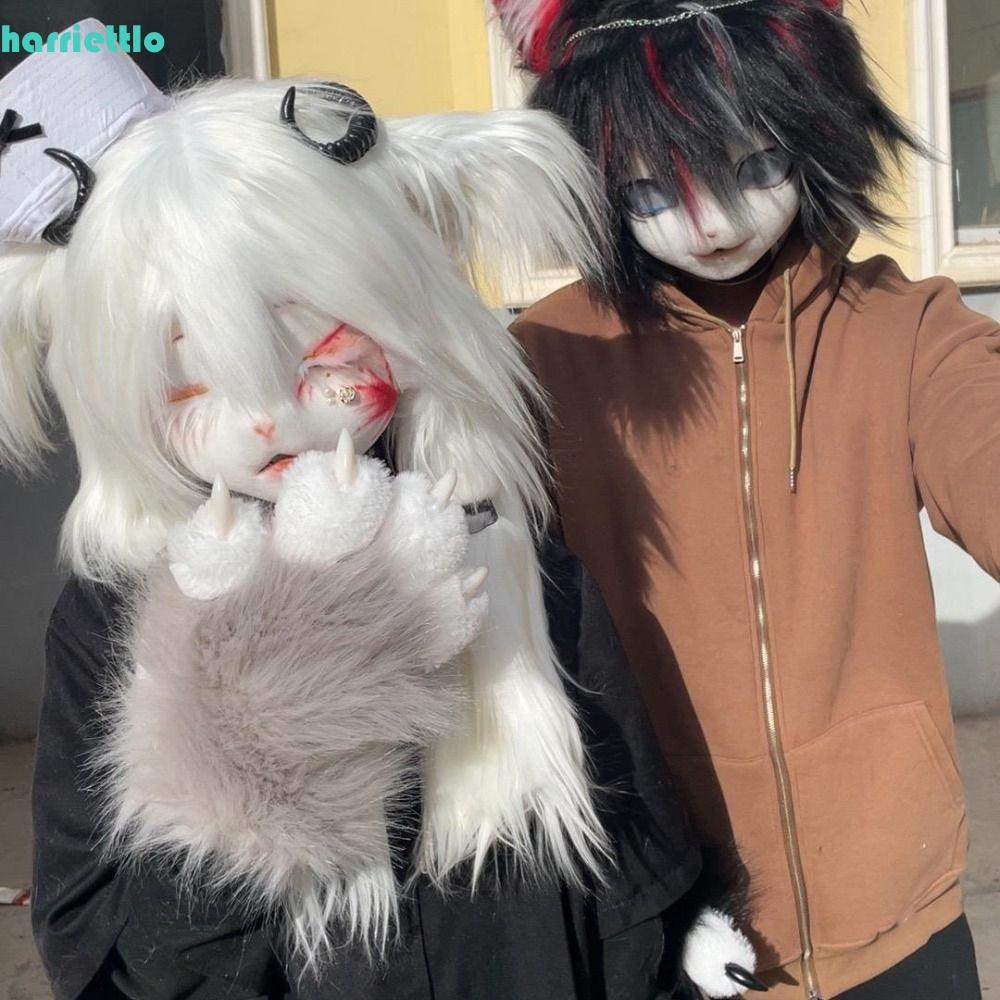 HARRIETTLO คอสเพลย์เครื่องแต่งกายถุงมือ, Fursuit Kigurumi การ์ตูนตุ๊กตาแมว Paw ถุงมือ, น่ารัก Warm Furry Squeaky Kig Cat Claw Mittens Party