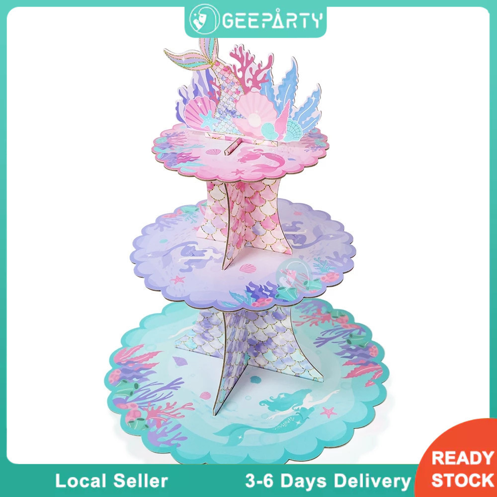 GeeParty ชั้นวางเค้ก 3 ชั้น ธีมเงือก หางเงือก สำหรับปาร์ตี้วันเกิดเด็ก ของตกแต่งเค้ก