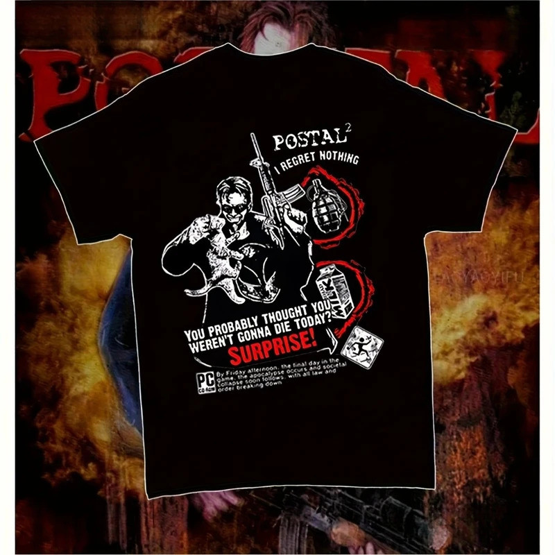 เสื้อยืดลายกราฟิกแนวตลกขบขันของ Postal Dude สีดำ ลายวิดีโอเกม พร้อมอาวุธของ Postal Dude คอเสื้อแบบคอ
