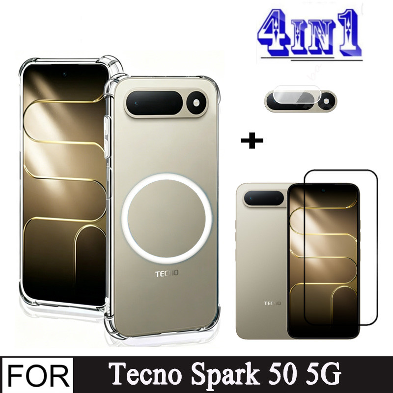 4 In 1 เคสโทรศัพท์แม่เหล็กสําหรับ Tecno Spark 50 5G Spark 40C กันกระแทกคลุมทั้งหมดกระจกนิรภัยป้องกันหน้าจอ + ฟิล์มเลนส์กล้อง