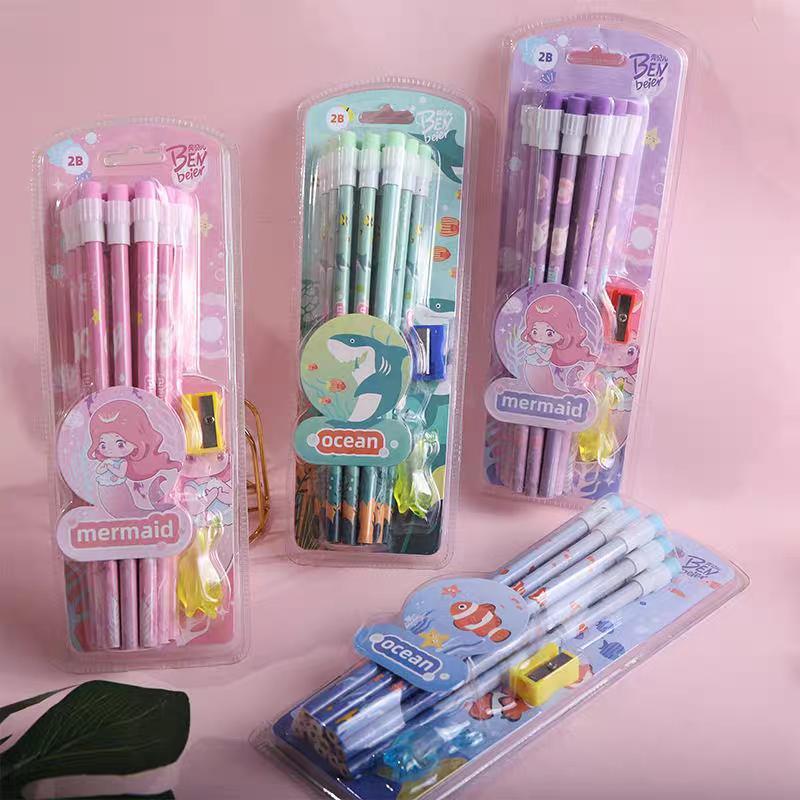 ดินสอไม้2B เซต12ด้า ลายน่ารัก อุปกรณ์การเรียน + กบเหลาดินสอ + ยางฝึกจับดินสอ
