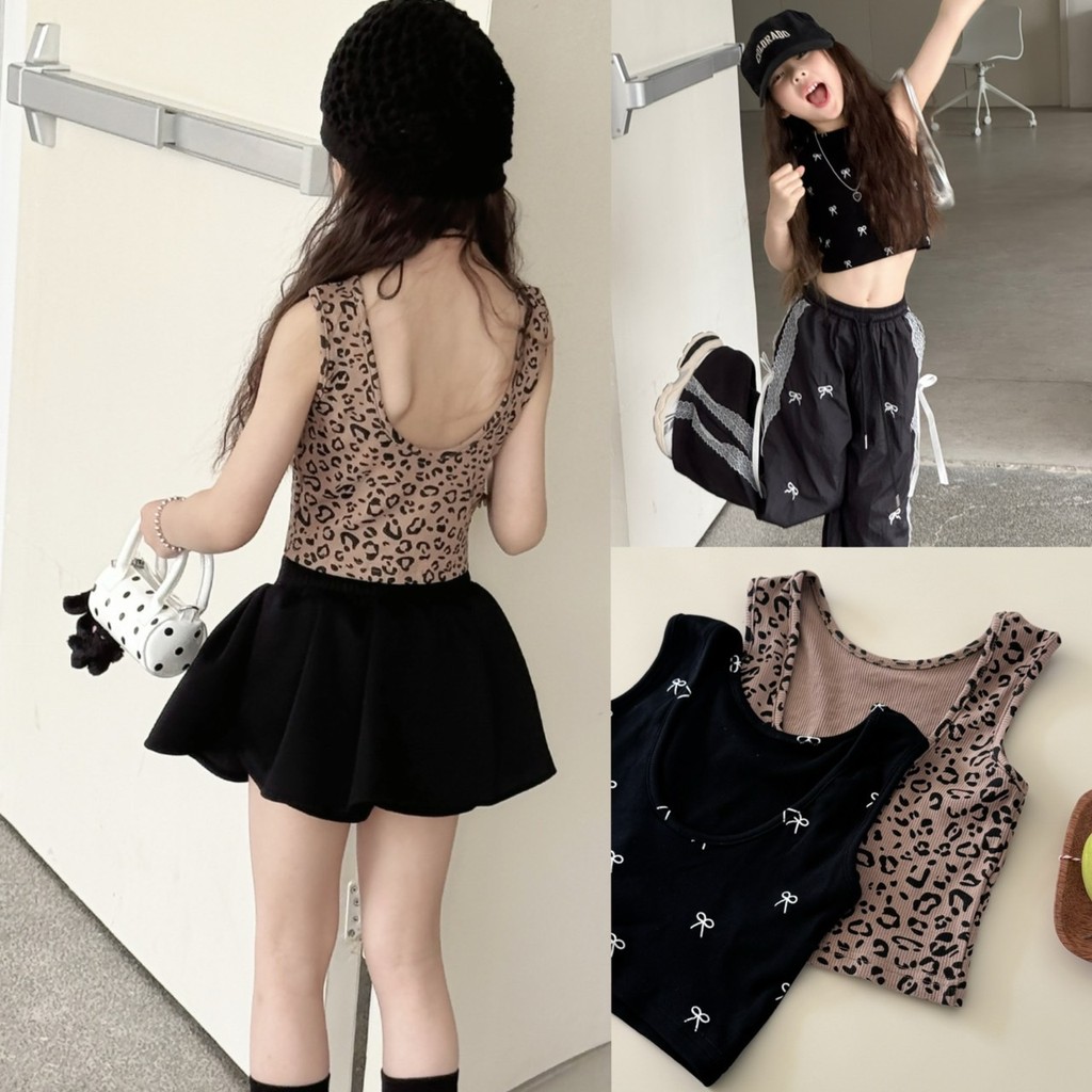 PRETTY BABY เสื้อเด็ก เสื้อแขนกุด ทรงครอป เว้าหลัง ลายโบว์ ลายเสือ(2245)