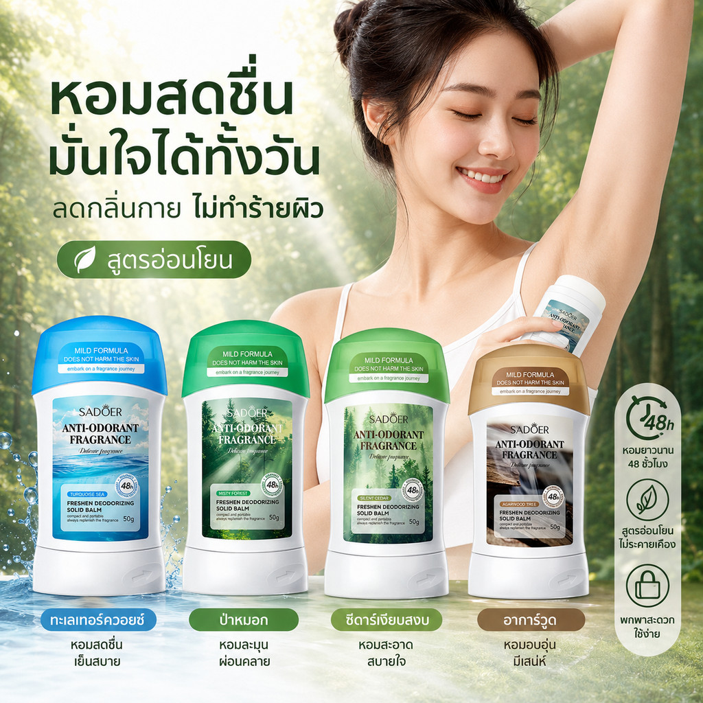 น้ำหอม SADOER ครีมลดเหงื่อ และ ระงับกลิ่นกาย กลิ่น  ระงับกลิ่นกาย 3 กลิ่น ขนาด 50 มล. ผิวรักแร้กระจ่