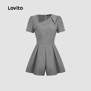 Lovito จั๊มสูทผู้หญิงสีเทา สไตล์ลําลอง ทรงไม่สมมาตรระบายพลิ้วไหว เหมาะสําหรับใส่ในฤดูใบไม้ผลิและฤดูร้อน L189ED207
