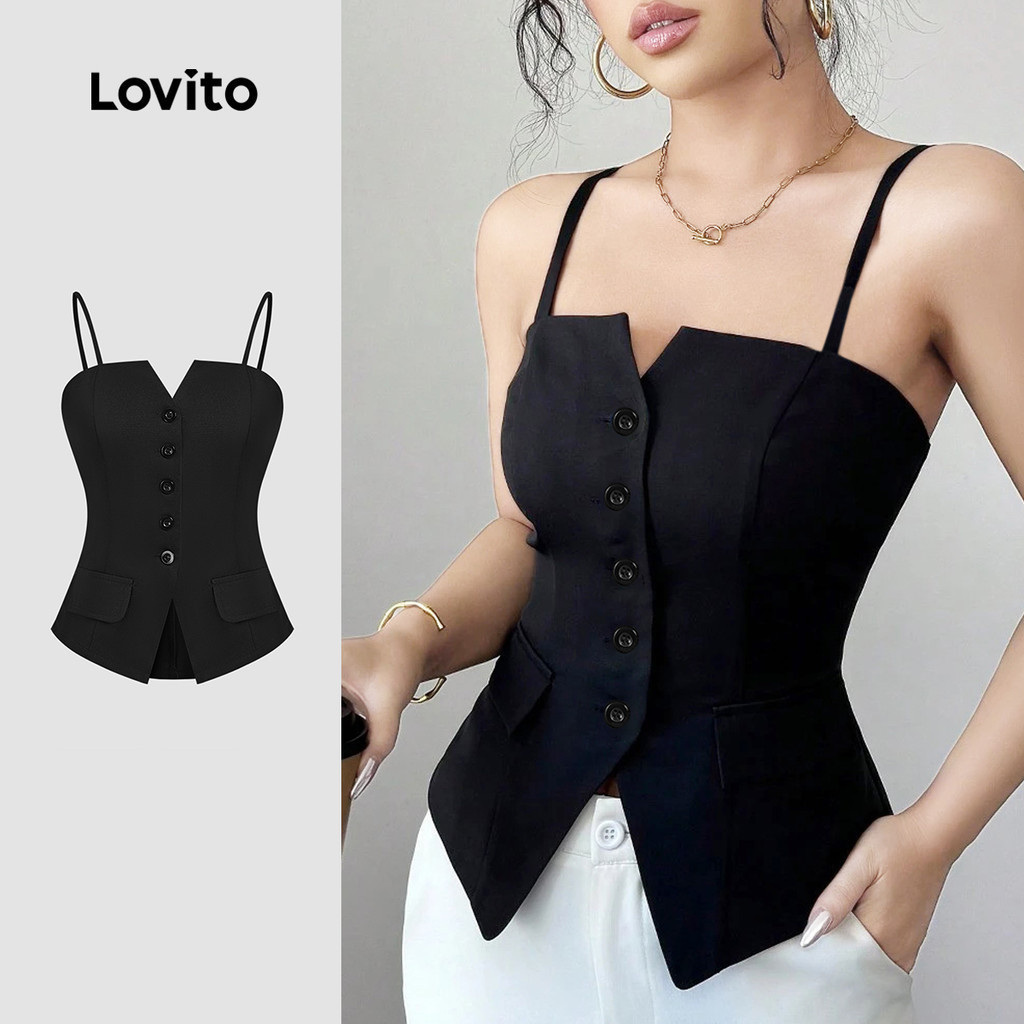 Lovito เสื้อกล้ามฤดูร้อน/ฤดูใบไม้ผลิทรงเรียบติดกระดุมหรูหราสำหรับผู้หญิง L131LD1270