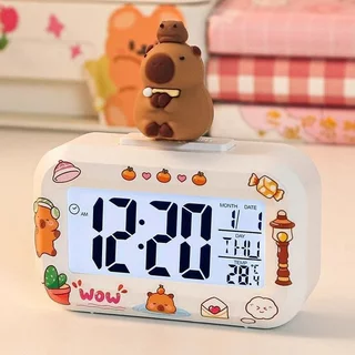 นาฬิกาปลุกดิจิตอล ตั้งโต๊ะ จอ LCD ไฟกลางคืน วัดอุณหภูมิ ปฏิทิน ลายคาปิบารา มินิมอล เด็ก