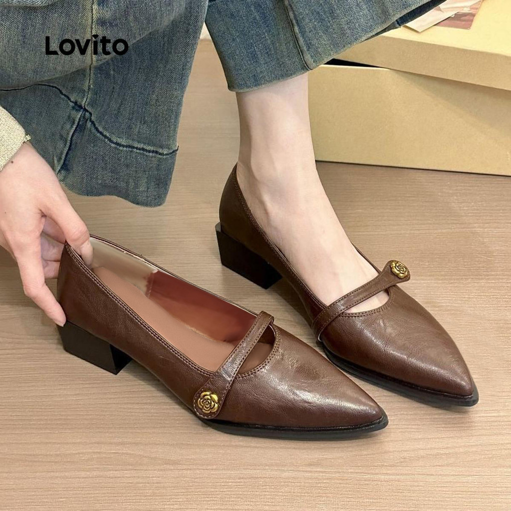 Lovito ลําลองดอกไม้ธรรมดาฝรั่งเศสร่วมงานชี้รองเท้าส้นเตี้ยรองเท้าไม่มีส้นแสงสําหรับผู้หญิง LFA75020