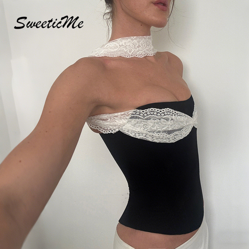 SweeticMe เสื้อสตรี 2026 ใหม่แฟชั่นสีตัดกันลูกไม้ Splicing Halter Camisole — صورة 4
