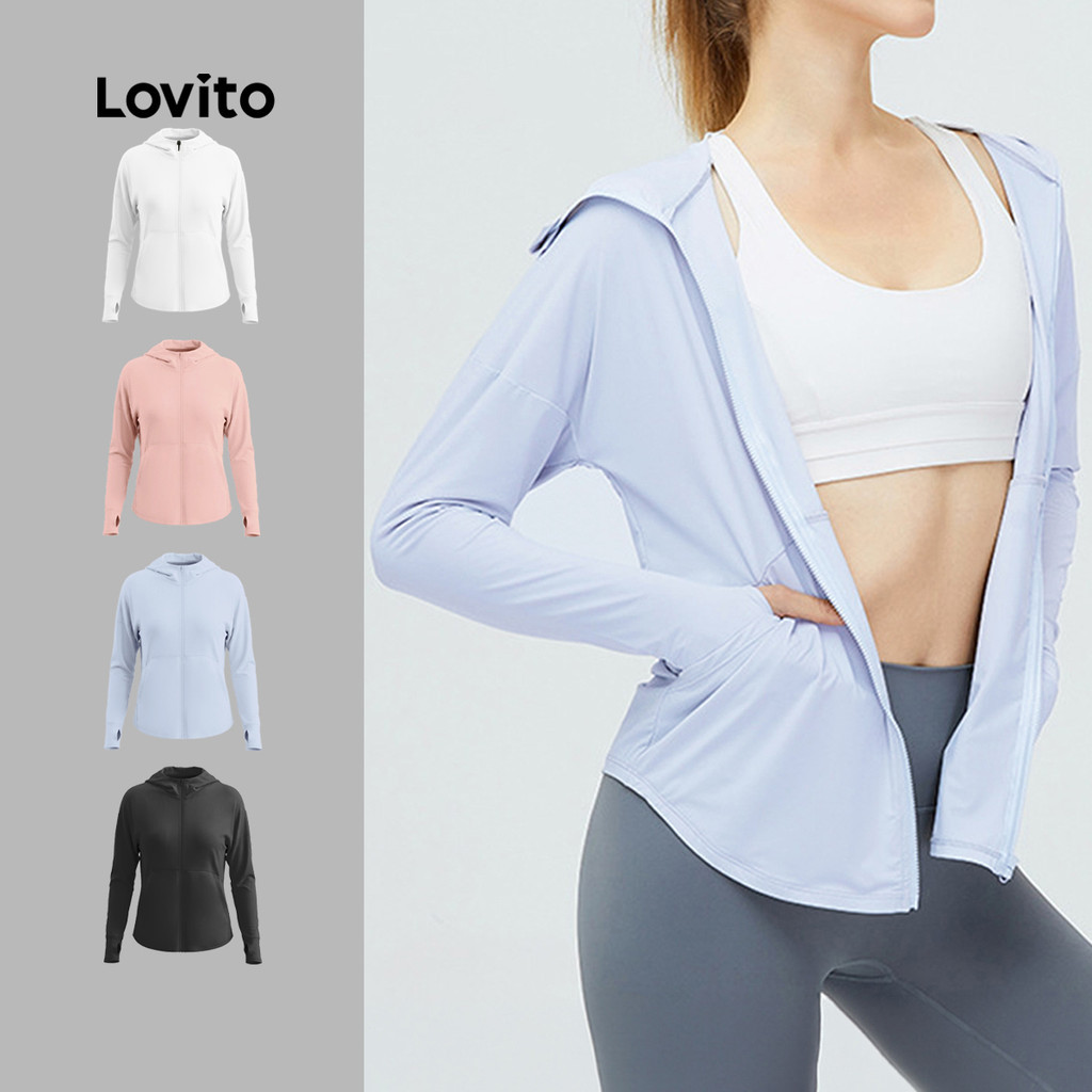 Lovito เสื้อแจ็คเก็ตสปอร์ตสไตล์สปอร์ตี้ ลวดลายง่าย หายใจง่าย กันฝน สำหรับวิ่งโยคะออกอากาศ เสื้อกันแดด สำหรับผู้หญิง LNA140023